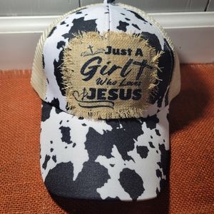 Reborn Creations- Christian Cow Print Hat with distressed patch.